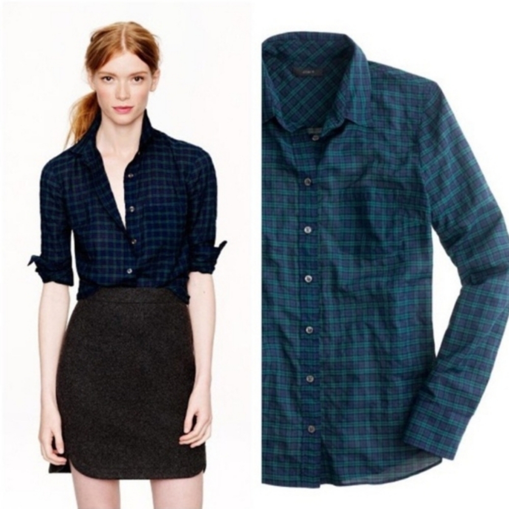 NWOT J.crew Crinkle "boy" shirt in Black watch plaid Button Down | Green size 2